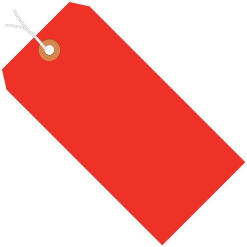 High-visibility fluorescent red shipping tags that demand attention at every handling point. Pre-strung with 12