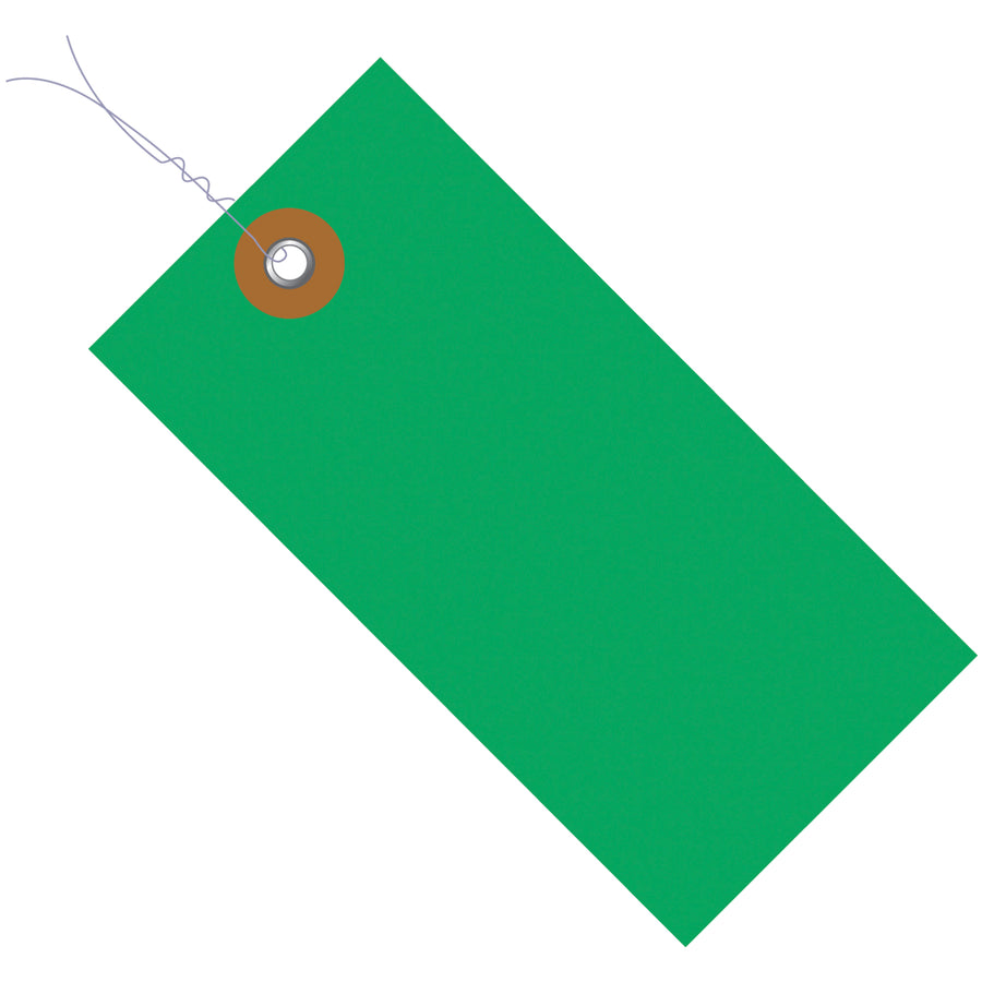 Pre-wired green Tyvek shipping tags designed for fast, organized shipment identification. Each 5 1/4" x 2 5/8" tag comes with 12" of 26-gauge double wire pre-attached and a reinforced 3/16" metal eyelet. Chemical and mildew resistant spunbonded olefin construction ensures durability in any shipping environment.