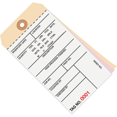 Eliminate manual data entry errors with these 3-part carbonless inventory tags (6 1/4" x 3 1/8"). Each tag features a reinforced, tear-resistant eyelet and 10-point manila cardstock for durability. Case of 500 delivers cost-effective tracking compliance.