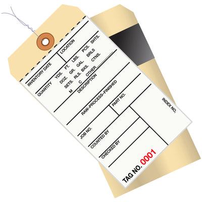 Keep inventory organized and compliant with pre-wired 2-part carbon inventory tags. Size #8 measures 6 1/4 x 3 1/8" and features consecutively numbered copies on durable 10-point cardstock. Each case of 500 tags comes pre-wired with 12" gauge wire and reinforced tear-resistant eyelets.
