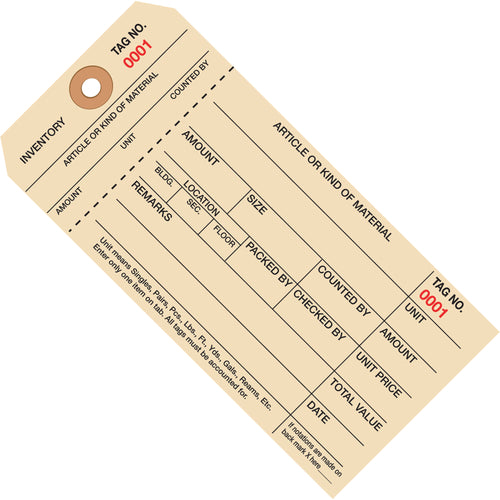 Heavy-duty 10 point cardstock inventory tags with convenient detached stub that stays with your product. Size #8 (6 1/4