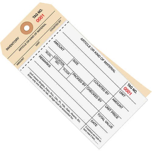 Professional 2-part carbonless inventory tags with detached stub that remains with product for superior tracking. Features reinforced 3/16