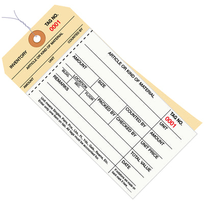 Professional 2-part carbonless inventory tags sized 6 1/4 x 3 1/8" with detached stub for product tracking. Pre-wired with 12" tag wire, reinforced eyelet, and duplicate numbering across all plies. White/manila cardstock, 10 point stock, sold in bulk cases of 500 units.