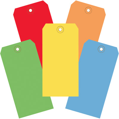 Organize and code shipments efficiently with these assorted color shipping tags. Each case contains 1,000 tags (200 each in red, blue, green, yellow, and orange) made from durable 13-point cardstock with reinforced, tear-resistant eyelets. Attach easily with string or wire for reliable, long-lasting identification.