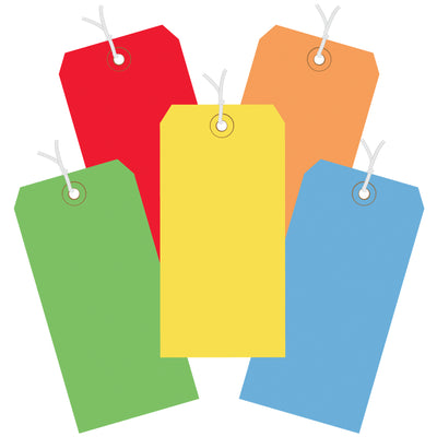 Streamline your shipping operations with these durable 13-point assorted color shipping tags, pre-strung with 12" cotton string for immediate use. Each case contains 1,000 tags (200 each in red, blue, green, yellow, and orange) featuring reinforced tear-resistant eyelets for reliable item coding and tracking throughout the supply chain.