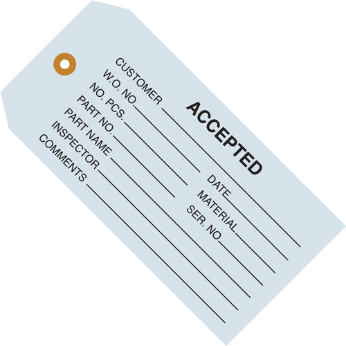 Heavy-duty blue inspection tags built for industrial quality control. 13 point cardstock with reinforced 3/16