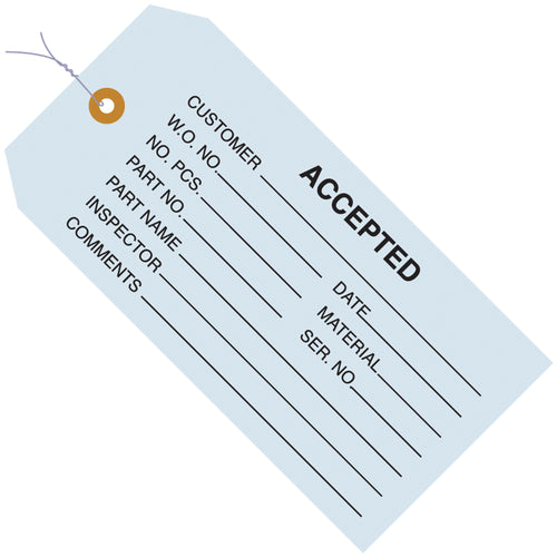 Heavy-duty 13 point cardstock inspection tags in blue, color-coded for quality control workflows. Pre-wired with 12