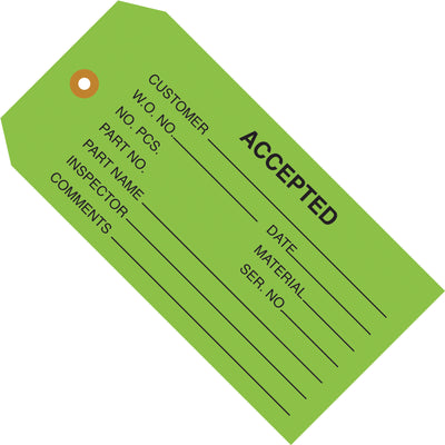Streamline QC workflows with these color-coded green inspection tags in durable 13-point cardstock. Each case includes 1,000 tags (4 3/4" x 2 3/8") featuring reinforced 3/16" eyelets that resist tearing. Attach with string or wire‚compatible with our pre-cut cotton and 26-gauge wire options.