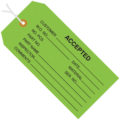 Enhance your quality control workflow with these durable green inspection tags sized 4 3/4" x 2 3/8". Pre-strung with 12" cotton string and built from 13-point cardstock with reinforced eyelets, these tags withstand the rigors of shipping and warehousing. Order by the case (1000 tags) for cost-effective compliance.
