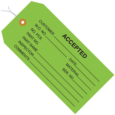 Durable 13 point cardstock inspection tags with pre-wired 12" gauge wire and reinforced eyelet for reliable quality control tagging. Color-coded green 'Accepted' designation speeds visual sorting and compliance documentation. Ships as case of 1,000 tags‚ready to deploy.
