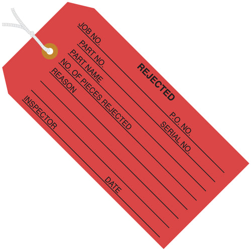 Professional-grade red inspection tags for rapid quality control identification on the production line. Each tag features 13-point durable cardstock construction with a reinforced 3/16