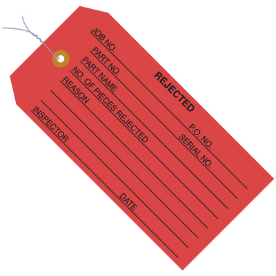 Durable red inspection tags designed for quality control workflows. Size #5 (4 3/4" x 2 3/8") pre-wired with 12" of 26-gauge wire and reinforced eyelet for tear resistance. Ships as a case of 1,000 tags to maximize cost-efficiency.