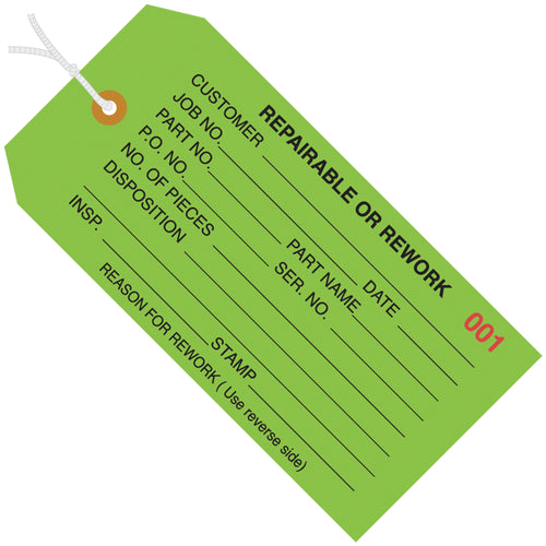 Streamline quality control with pre-numbered, color-coded green inspection tags built for durability. 13-point cardstock with reinforced 3/16
