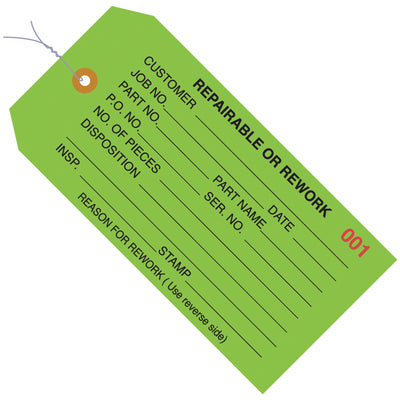 Color-coded green inspection tags designed for quality control workflows and rework identification. Pre-numbered 000-999 with reinforced 3/16" eyelets and 12" pre-wired 26 gauge wire. Durable 13 point cardstock construction ensures tear-resistant performance in demanding warehouse and manufacturing environments.