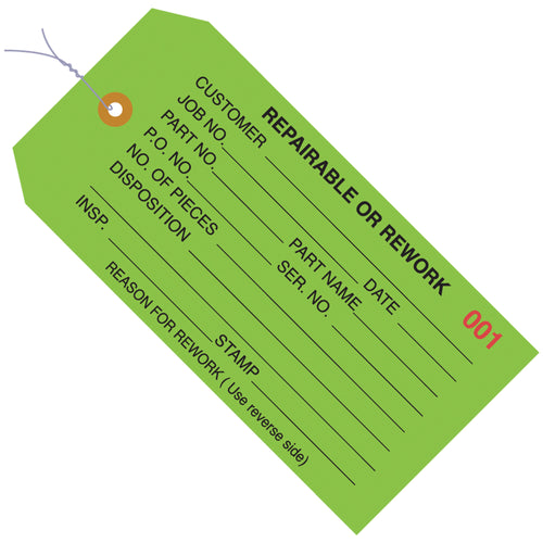 Color-coded green inspection tags designed for quality control workflows and rework identification. Pre-numbered 000-999 with reinforced 3/16