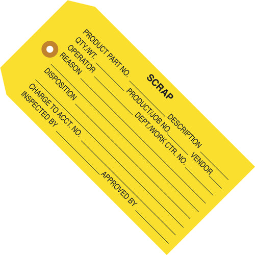 Heavy-duty 13 point cardstock inspection tags in bright yellow for instant quality control identification. Featuring reinforced 3/16