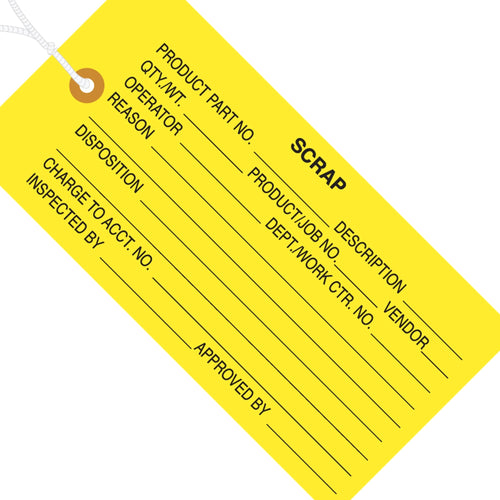 4 3/4 x 2 3/8 in 13 Pt Yellow Scrap Inspection Tags Cardstock Pre-Strung 1000/Case G20052
