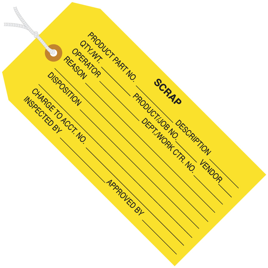 Heavy-duty 13-point cardstock inspection tags with reinforced 3/16" eyelet and pre-strung 12" cotton loop for immediate use. Size #5 (4 3/4" x 2 3/8") yellow tags ship 1000 per case. Built to withstand warehouse handling and color-coded for efficient quality control workflows.