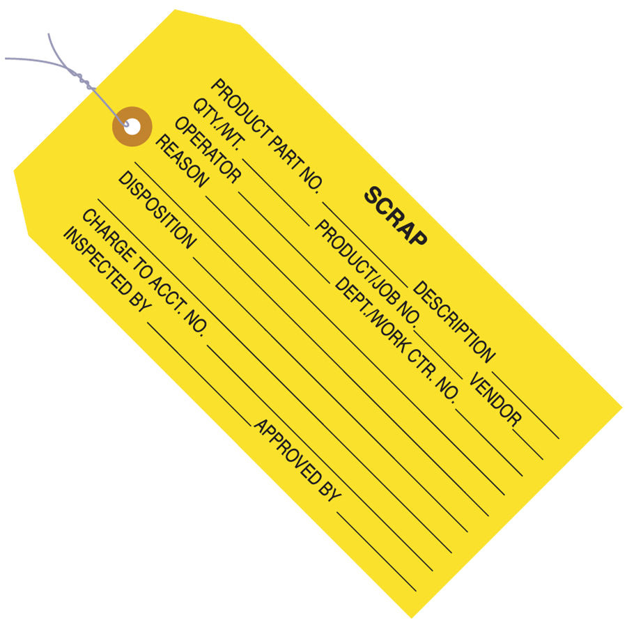 Heavy-duty yellow pre-wired inspection tags built for industrial quality control and material handling. 13 point cardstock with reinforced 3/16" tear-resistant eyelets and 12" 26-gauge wire. Ships as a complete case of 1000 tags–no assembly required.