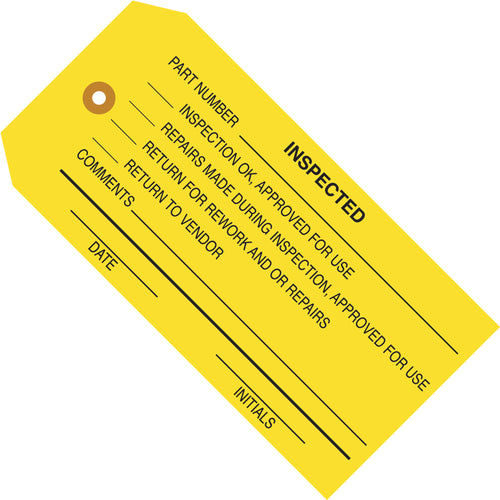 Heavy-duty yellow inspection tags deliver proven quality control visibility in your shipping and production workflows. Pre-cut 4 3/4