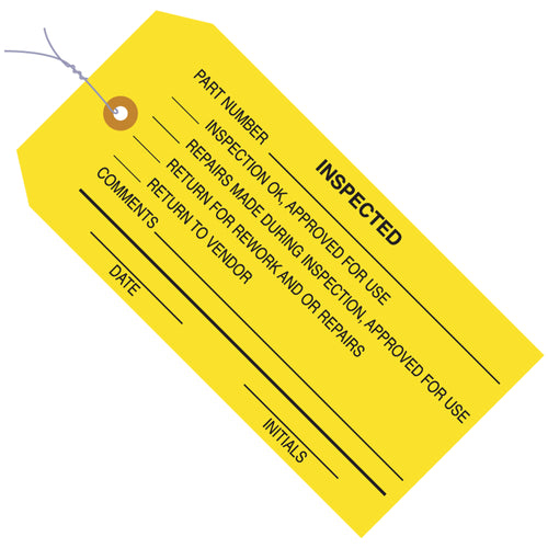 Durable 13-point cardstock inspection tags in bright yellow for instant quality control visibility. Pre-wired with 12