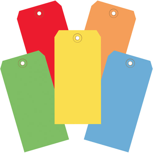 Industrial-grade 13 point cardstock shipping tags in five vibrant colors (red, blue, green, yellow, orange) for reliable inventory coding and product identification. Each case includes 1,000 tags (200 each color) with reinforced, tear-resistant 3/16