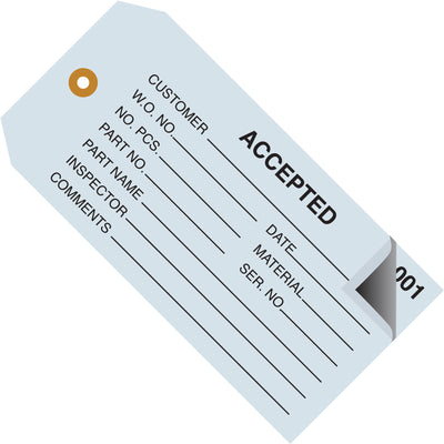 Streamline your quality control and record-keeping with consecutively numbered inspection tags that eliminate manual numbering errors and save time. These 4 3/4 x 2 3/8" blue tags are made from durable 13-point cardstock with reinforced eyelets, pre-numbered 000-499 (case of 500), and work with standard string or wire attachment for easy deployment across production lines.