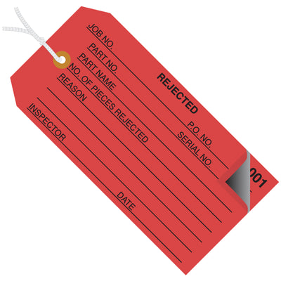 Red cardstock inspection tags pre-numbered 000-499 with reinforced eyelets and 12" cotton string included. Ideal for quality control, rejection tracking, and shipping compliance. Each case contains 500 consecutively numbered tags‚no sorting required.