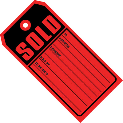 Identify sold merchandise instantly with these bright red 4 3/4 x 2 3/8" sold tags. Made from durable 10-point cardstock with a reinforced 3/16" eyelet and pre-printed area for sale/delivery information. Buy by the case of 1,000 and attach with string or wire for fast, reliable inventory management.