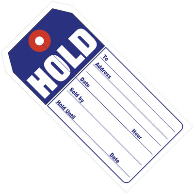 Pre-printed "HOLD" retail tags in durable 13 point cardstock with convenient string attachment slit. Bold blue/white messaging ensures visibility on shelves and displays. 500 tags per case‚the cost-effective solution for consistent merchandise tagging and quick inventory management.
