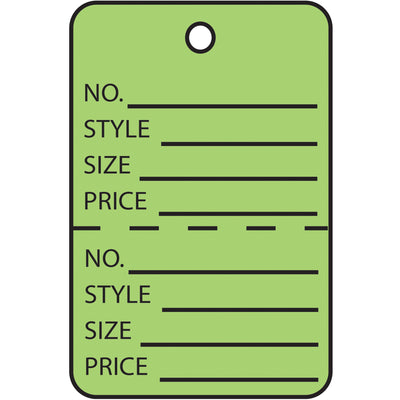 Streamline your retail operations with these green perforated garment tags‚pre-printed and ready to deploy as both merchandise labels and price tags. Two-part design enables effortless tracking and inventory management. Each case contains 1,000 tags printed on durable 10-point paper stock.