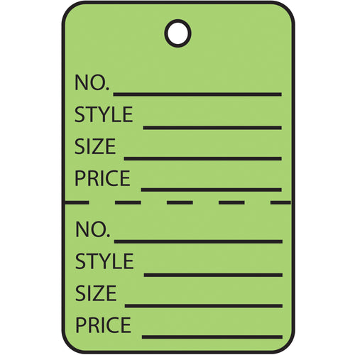 Streamline your retail operations with these green perforated garment tags‚pre-printed and ready to deploy as both merchandise labels and price tags. Two-part design enables effortless tracking and inventory management. Each case contains 1,000 tags printed on durable 10-point paper stock.