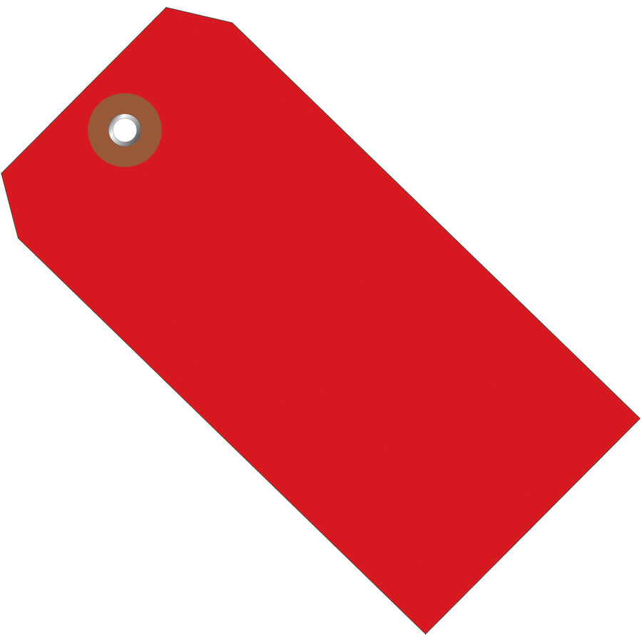 Heavy-duty red plastic shipping tags built to last in harsh conditions. These 10 mil waterproof tags feature a metal eyelet and measure 4 3/4" x 2 3/8", perfect for outdoor and warehouse applications. Sold by the case of 100‚plus optional cotton string (G2501) or wire (G2500) attachments available.