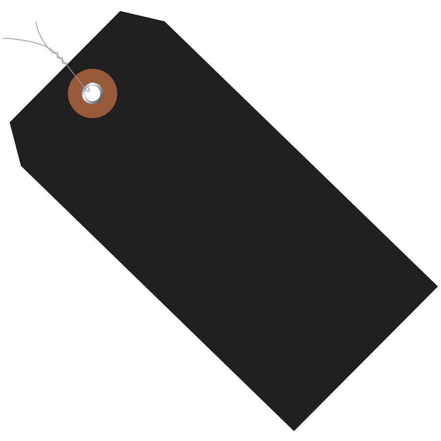 Heavy-duty black vinyl shipping tags rated for harsh indoor and outdoor conditions. Pre-wired with durable metal eyelets and 12" wire included. Perfect for industrial packaging, warehousing, and logistics–sold by the case of 100 units.