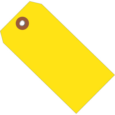 Heavy-duty 10 mil yellow plastic shipping tags engineered for reliability in harsh shipping environments. Each tag measures 6 1/4" x 3 1/8" and features a reinforced metal eyelet for secure attachment. Sold by the case of 100 units‚waterproof construction ensures compliance and visibility throughout the shipping lifecycle.