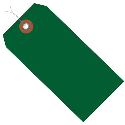 Waterproof green vinyl shipping tags built for rough conditions. Pre-wired with metal eyelets and sold as a case of 100 (6 1/4" x 3 1/8"). Ideal for warehouses, distribution centers, and outdoor logistics operations requiring durable, compliance-ready labeling that withstands moisture and handling.