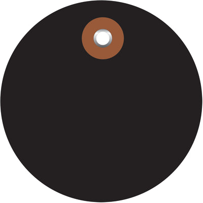 Durable 2" black vinyl circle tags deliver waterproof performance in demanding shipping and logistics environments. Each tag features a metal eyelet for secure fastening and comes with 100 units per case. Built tough to withstand weather and handling abuse‚the cost-effective solution for labeling cargo, equipment, and shipments.