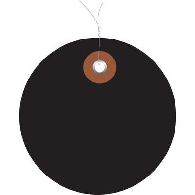 Durable 2" black vinyl circle tags with pre-wired metal eyelets designed for harsh shipping and storage environments. Waterproof construction handles rough indoor/outdoor conditions without fading or deterioration. Sold by the case of 100 for cost-effective inventory management.