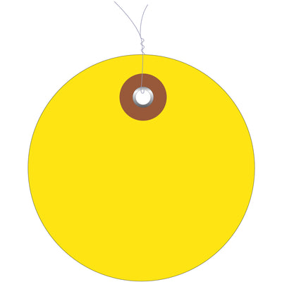 Waterproof yellow vinyl circle tags engineered for harsh indoor and outdoor environments. Pre-wired with metal eyelets for immediate use‚no assembly required. Order by the case of 100 and streamline your shipping and inventory operations.