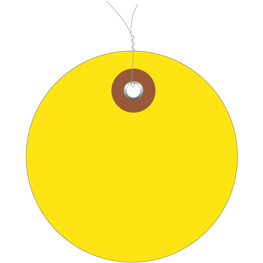 Waterproof yellow vinyl circle tags engineered for harsh indoor and outdoor environments. Pre-wired with metal eyelets for immediate use‚no assembly required. Order by the case of 100 and streamline your shipping and inventory operations.