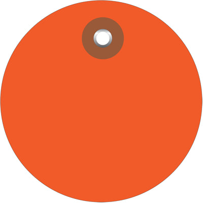 Durable 2-inch orange vinyl circle tags built to withstand harsh shipping and storage conditions. Each tag features a metal eyelet and comes in cases of 100 for cost-effective bulk ordering. Waterproof construction ensures compliance markings, inventory labels, and identification stay legible through temperature and moisture exposure.