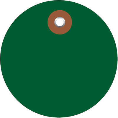 Industrial-grade 2" green vinyl circle tags engineered for demanding shipping and storage environments. Each tag features a durable metal eyelet and waterproof construction that withstands extreme weather, moisture, and rough handling. Sold by the case of 100‚pair with our G2501 cotton string or G2500 wire attachment options for complete tagging solutions.