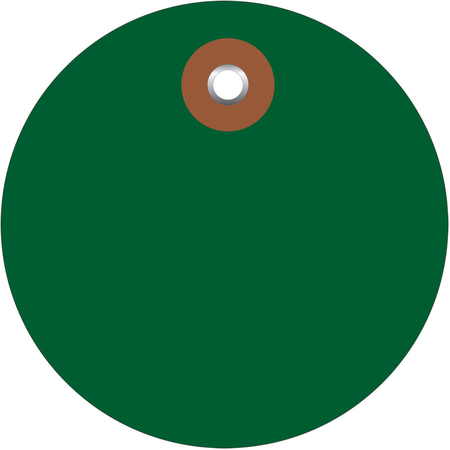 Industrial-grade 2" green vinyl circle tags engineered for demanding shipping and storage environments. Each tag features a durable metal eyelet and waterproof construction that withstands extreme weather, moisture, and rough handling. Sold by the case of 100–pair with our G2501 cotton string or G2500 wire attachment options for complete tagging solutions.