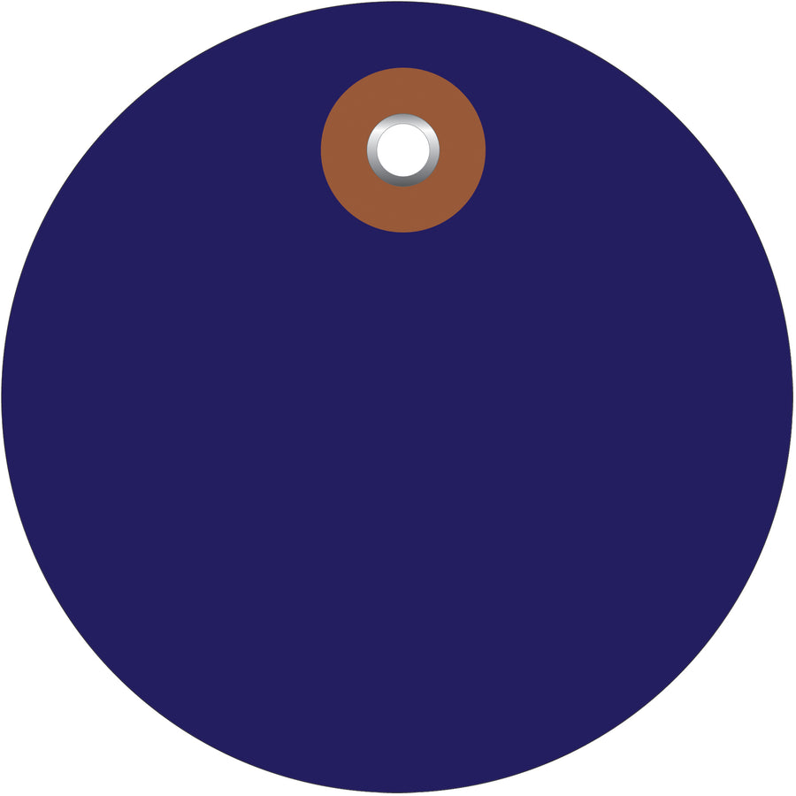Durable 2" diameter blue vinyl circle tags built to withstand harsh shipping and storage conditions. Each tag features a reinforced metal eyelet for secure attachment and comes in cases of 100 units. Waterproof construction ensures legible labeling in any environment‚compatible with both 12" cotton string and wire attachment options.