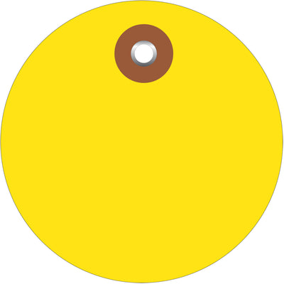 Heavy-duty 3" yellow plastic circle tags engineered for demanding warehouse and shipping environments. Waterproof vinyl construction with reinforced metal eyelet withstands extreme weather, handling, and outdoor storage. Sold as a case of 100 tags‚ready to attach with cotton string (G2501) or wire (G2500) for immediate use.