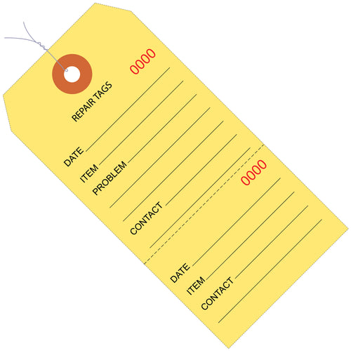 Track repair work with confidence using these consecutively numbered yellow repair tags. Pre-wired design with 10-point paper stock ensures durability and easy attachment. Split-part system keeps one tag with the customer and one with the product‚sold in cases of 1,000.