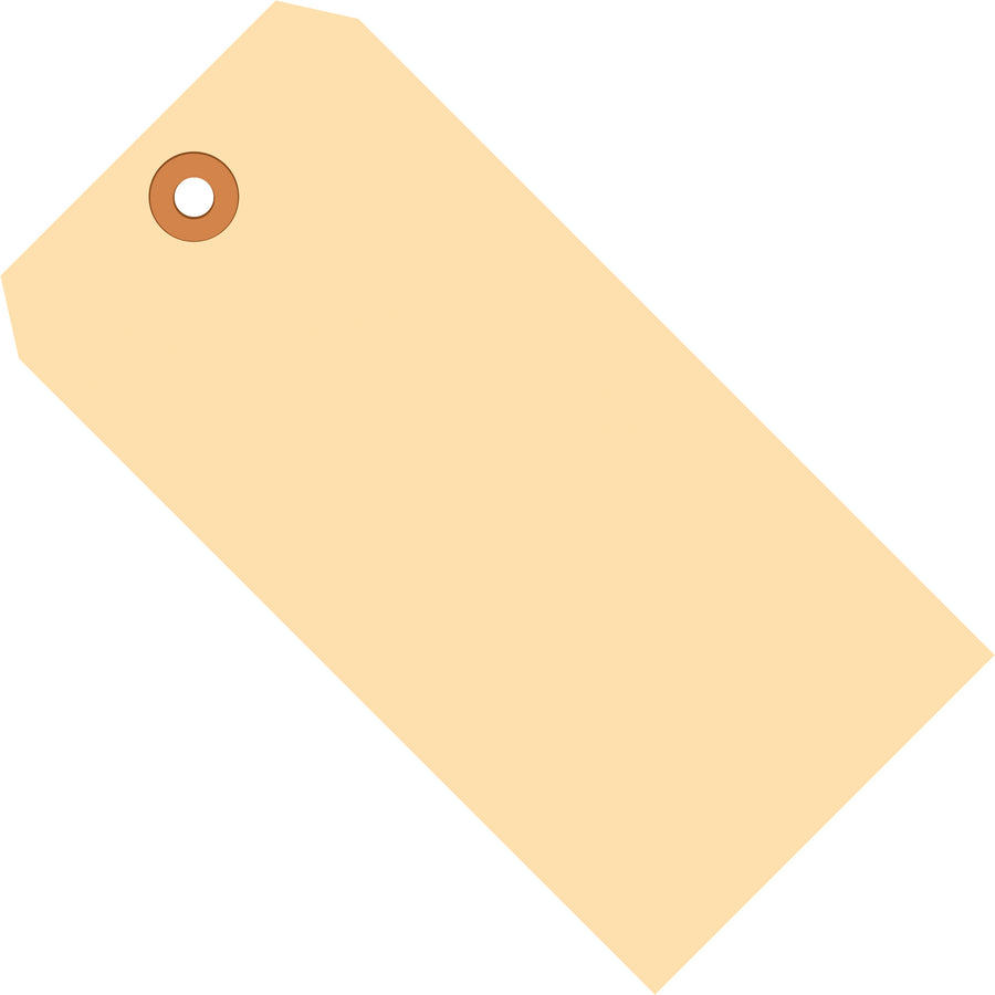 Industrial-grade 10 point manila shipping tags measure 5 3/4" x 2 7/8" and feature reinforced tear-resistant eyelets for secure attachment. Perfect for identifying shipments, inventory, and items that cannot be directly labeled. Buy by the case of 1000 for maximum cost efficiency.