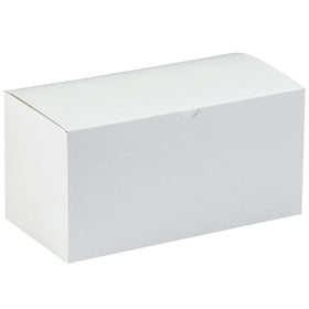Efficient one-piece construction white fibreboard gift boxes measuring 12"x6"x6" sold by the case of 50 units. Ships and stores flat for maximum space savings and shipping cost reduction. Ideal for retail goods, vases, and e-commerce packaging with white exterior and gray interior protection.