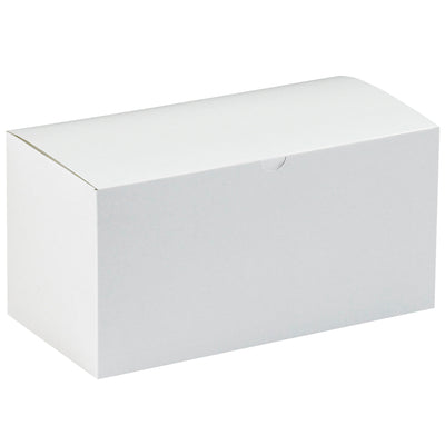 Efficient one-piece construction white fibreboard gift boxes measuring 12"x6"x6" sold by the case of 50 units. Ships and stores flat for maximum space savings and shipping cost reduction. Ideal for retail goods, vases, and e-commerce packaging with white exterior and gray interior protection.