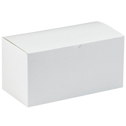 Efficient one-piece construction white fibreboard gift boxes measuring 12